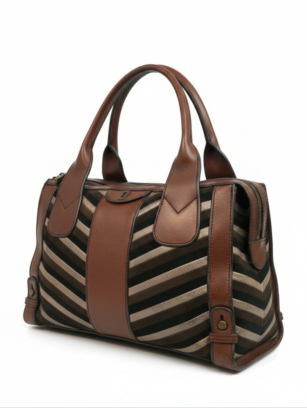 Fossil Large Brown Leather Zip-Top Bag with Gold Hardware